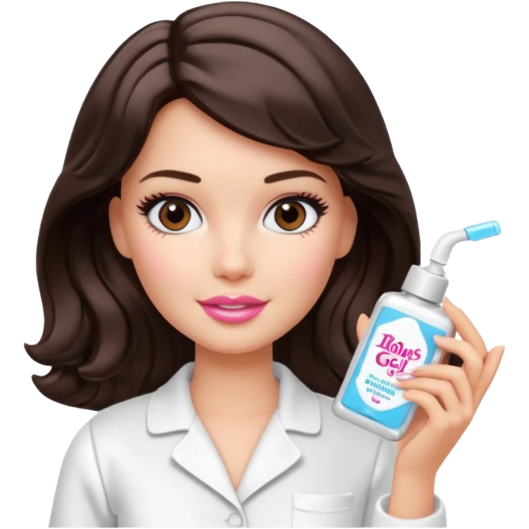 A Barbie girl with makeup, with short wavy dark brown hair in white pajamas, holding a facial gel in her hand emoji