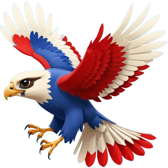 a stylized falcon tumbling through the air, feathers flying, cartoonish exaggeration, falcon colored red, white, and blueish emoji