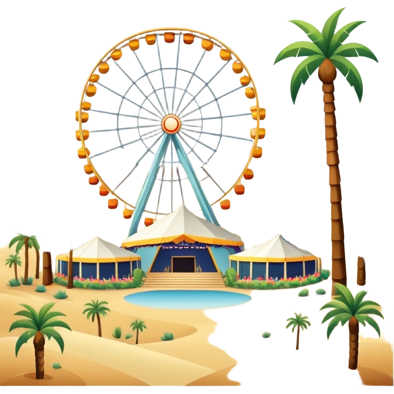 Coachella music festival with palm trees, ferris wheel, and concert stage in the desert emoji