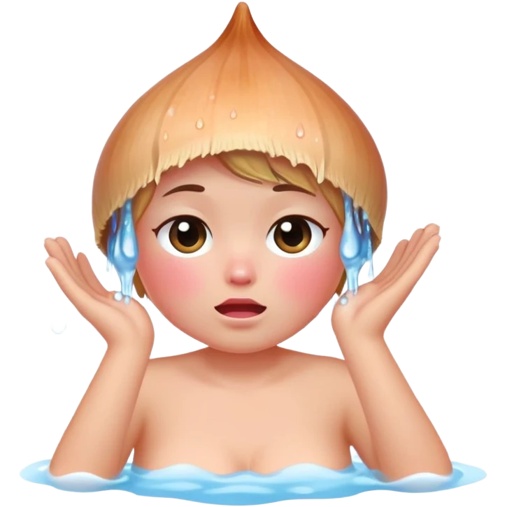 blushing onion taking a shower, pink cheeks, embarrassed, water droplets emoji