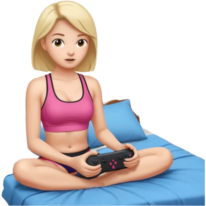 a girl in no pants sitting on her bed, in a sports bra, playing a video game emoji