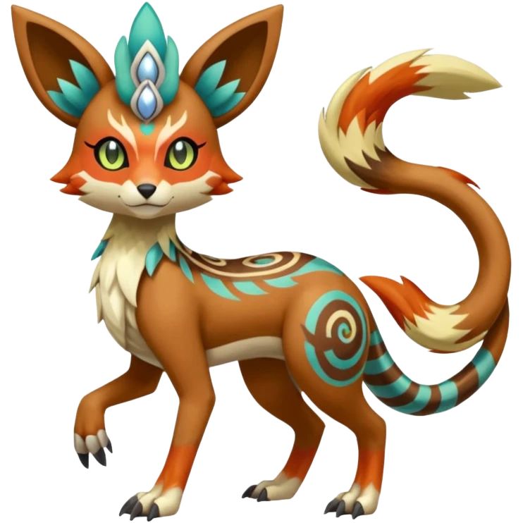 Tribal Colorful Exotic Fionbri-Trico-Kalon-Falvie-Vernid-Meloetta-Pokémon-Fakémon-Digimon-Spectrobe-hybrid-fusion, full body emoji