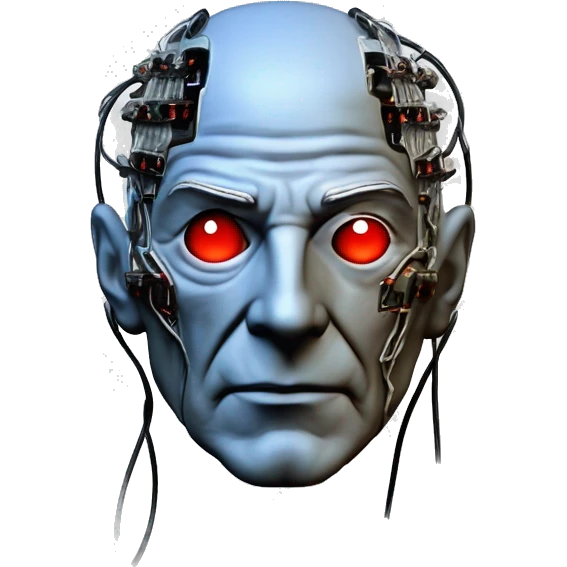 Jean luc picard from Star Trek assimilated by the Borg, with mechanical metal covering the left side of his face, with wires and a red light on the left side. His eyes are blue emoji