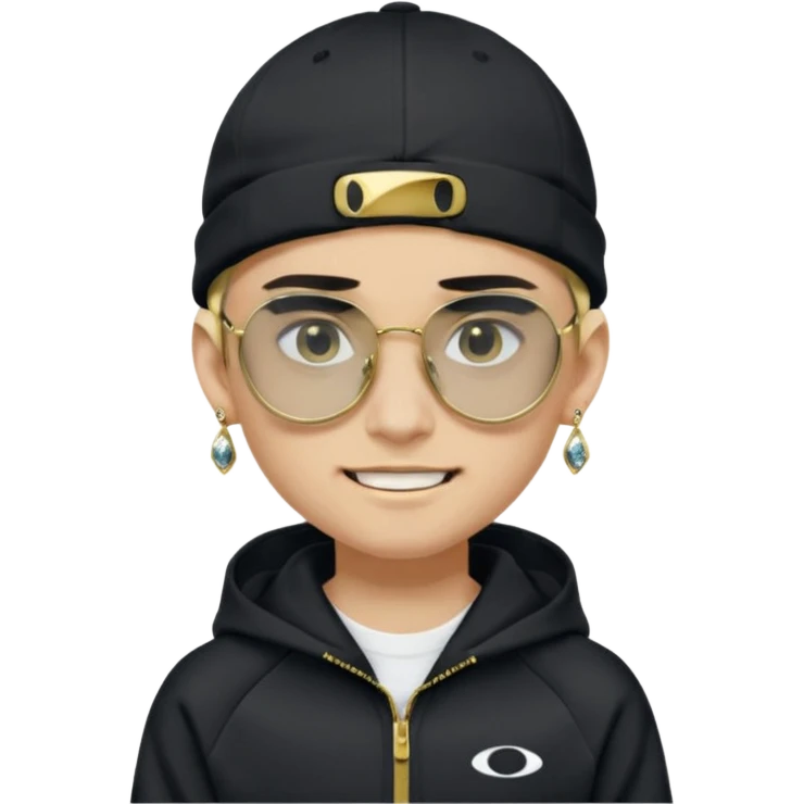 un emoji de un chico emcapuchado blanco, con gorro kalenji, dientes de oro, com uma chaqueta negra nike tech y unas gafas de oakley, con pendientes de diamante, que las gafas sean estilo cuadradas, los pendientes q no se cuelguen, que sean redondos, en las dos cejas un corte emoji