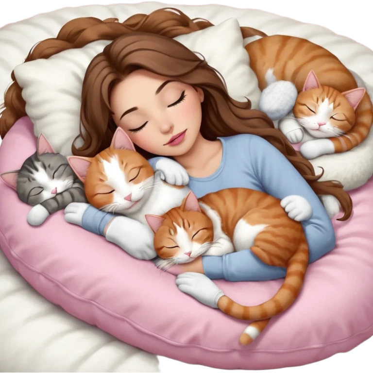 girl with long wavy brown hair, brown eyes, long lashes makeup, sexy pink lips, light to medium complexion,  sleeping on a cozy pillow, with 6 cats: 1 brown and white tabby cat, 1 ginger and white, 2 grey and white, 1 grey with white mittens and small white patch on chest and 1 calico, sleeping emoji