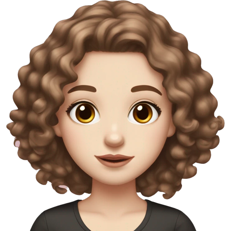 Teenage girl with pale skin and pink blush, light brown eyes chocolate brown wavy to curly hair medium lashes, and eyebrows emoji
