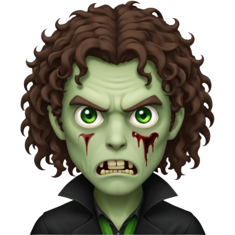 long curly haired male zombie with brown hair color and green eye color, with dark vampire clothes and angry face emotion emoji