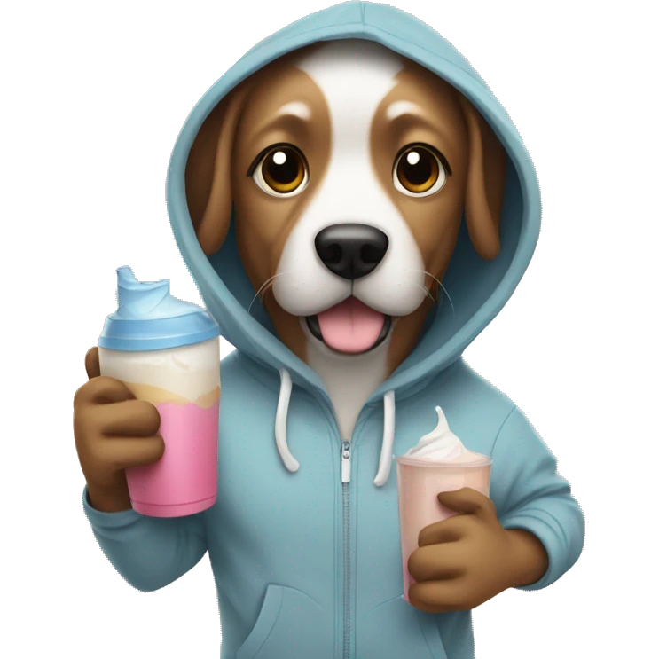 Dog wearing a hoodie with a protein shake emoji