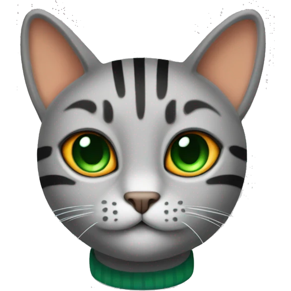 A striped grey cat with green eyes with orange sweater in full growth emoji