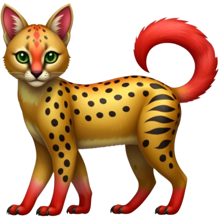 Colorful cute adorable shiny tropical exotic fruity kiwi-green lemony rosy neon-red Caracal-Cheetah-Civet-Trico-fusion-hybrid-animal-creature, full body, with tribal tattoos emoji