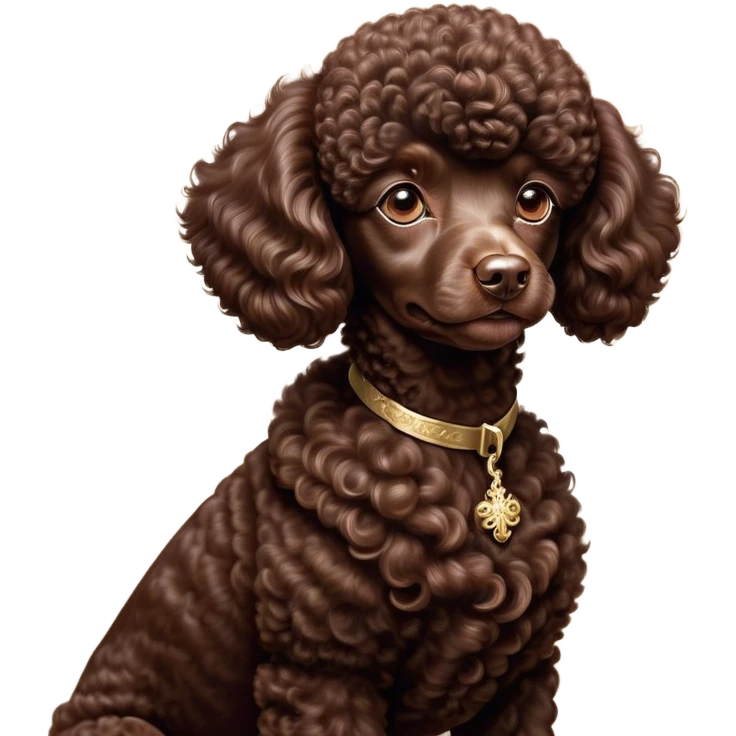 Cinematic Noble Chocolate Poodle Portrait Emoji, Poised and regal, with a refined, elegant build and a meticulously groomed, curly chocolate Fur, deep-set soulful brown eyes, Simplified yet sharp and sophisticated features, highly detailed, glowing with a soft, dignified glow, high shine, intelligent and graceful, stylized with an air of sophistication, focused and attentive, soft glowing outline, capturing the essence of a watchful and confident companion, so majestic it feels as though it could prance out of the screen with effortless authority! emoji