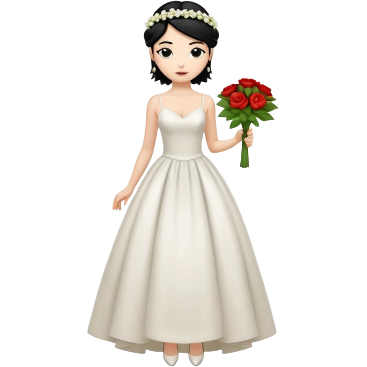 Chica blanca,cuerpo entero, vestido boda tirantes finos, pelo negro recogido con mechones y zapatos tacon y flor en la cabeza emoji
