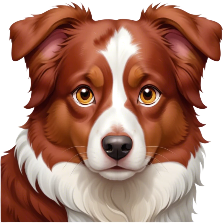 Cinematic Noble Red Merle Australian Shepherd Portrait Emoji, Poised and regal, with a strong, agile build and a stunning red merle coat accented by subtle splashes of darker red and white, piercing amber eyes, Simplified yet sharp and sophisticated features, highly detailed, glowing with a soft, dignified glow, high shine, intelligent and loyal, stylized with an air of strength, focused and attentive, soft glowing outline, capturing the essence of a watchful and confident herder, so majestic it feels as though it could step out of the screen with effortless authority! emoji
