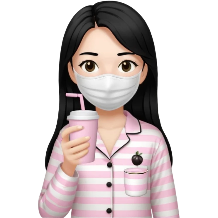 chica de pelo lacio color negro cabellera larga piyama blanca con rayas rosa claras peo no tan claras no oscuras el bordado es negro al igual que los botones )tiene una mascarilla para la carablanca y sostiene y cafe con bolitas nedras al dondo con unsorbete tranparente y es de test blanca  emoji