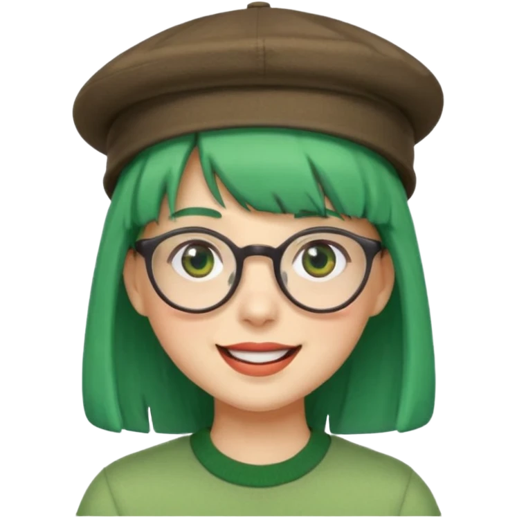 bangs, cute hat, green hair very happy and glassess emoji