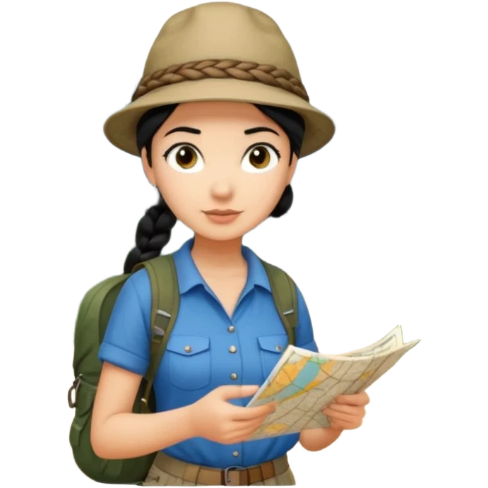 A braid black hair backpacking woman checking her map with curious eyes while walking in the woods with camping hat full body emoji