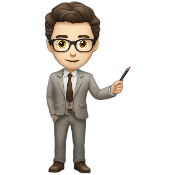 Pale skinned fit man with dark brown hair in gray jacket, beige office shirt, brown tie, brown pants and vintage glasses Writing text on the flipchart emoji