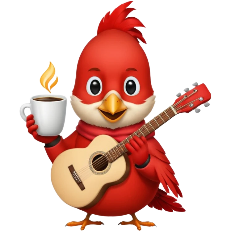 Happy cardinal with guitar and a cup of coffee emoji