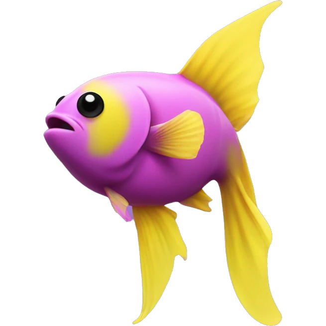 tiny fish with purpleish pink front face and half front of body, neon yellow back half and black dot on top fin emoji