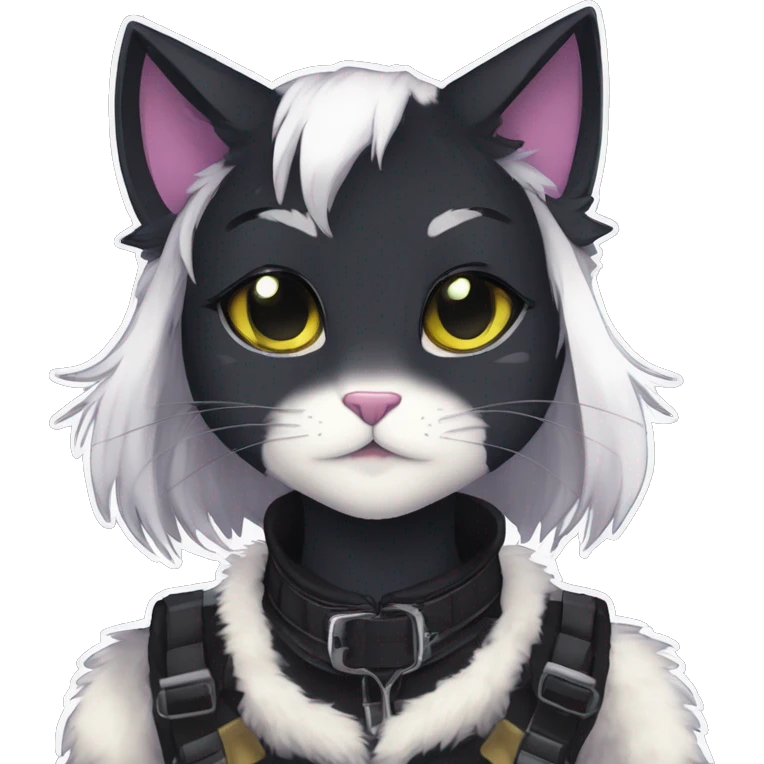 Gorgeous furry dark techwear anime style anthro black cat furry sona Fakémon aesthetic and pretty edgy black with collar and harness trending style emoji