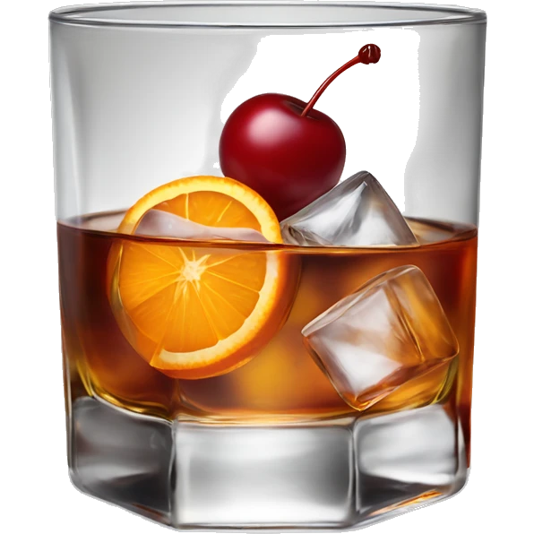 Short whiskey old fashioned with a single large ice cube, a cherry, and an orange slice emoji