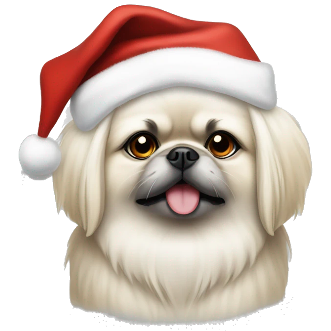 White Pekingese wearing Santa hat emoji