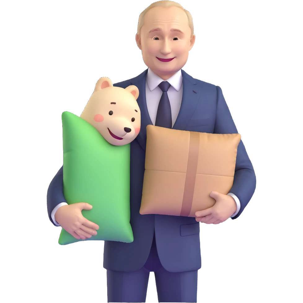 Vladimir Putin in a suit smiling and holding a memory foam pillow with an Amazon package next to him emoji