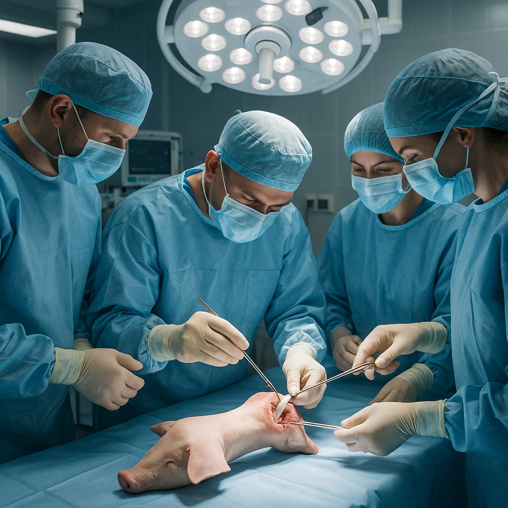 modern operating room with a team of doctors in gowns and gloves carefully extracting a ligament from a pig's knee on a surgical table, sterile atmosphere, realistic details, 4K quality emoji