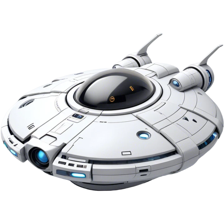 Design a simple, semi-realistic spaceship with a clean and minimalistic design. The ship should have a smooth, rounded shape with a few subtle mechanical details, like small thrusters or panels, but avoid overly complex or advanced features. Add a 'face' to the front of the ship using basic shapes, such as two circular lights for 'eyes' and a curved line or pattern for a 'smile,' giving it a friendly and approachable personality. The design should feel functional yet charming, as if the ship has its own character or consciousness. Use a plain, transparent background with no additional elements, focusing entirely on the ship. The lighting should be soft and even, highlighting the ship's 'face' and overall design. emoji