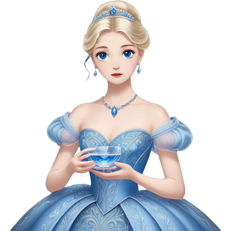 Cinematic Realistic Cinderella Portrait, depicted with lifelike skin texture, subtle rosy undertones, and soft natural lighting that enhances the gentle contours of her face. Her intricately detailed golden blonde hair is elegantly styled in an updo, with delicate wisps framing her face. Her deep, expressive blue eyes radiate warmth and sincerity, reflecting a quiet resilience and grace. She holds a glass slipper gently in one hand, her other hand resting gracefully at her side, emphasizing the timeless beauty of the moment. She is dressed in her iconic ball gown, the fabric shimmering with intricate embroidery and fine translucent layers that catch the light beautifully. The soft sheen of satin gloves adds a magical touch to her graceful pose. The portrait features an enchanting glow with a natural, luminous finish, seamlessly blending realism and fairytale charm to evoke a sense of depth, elegance, and timeless beauty. emoji