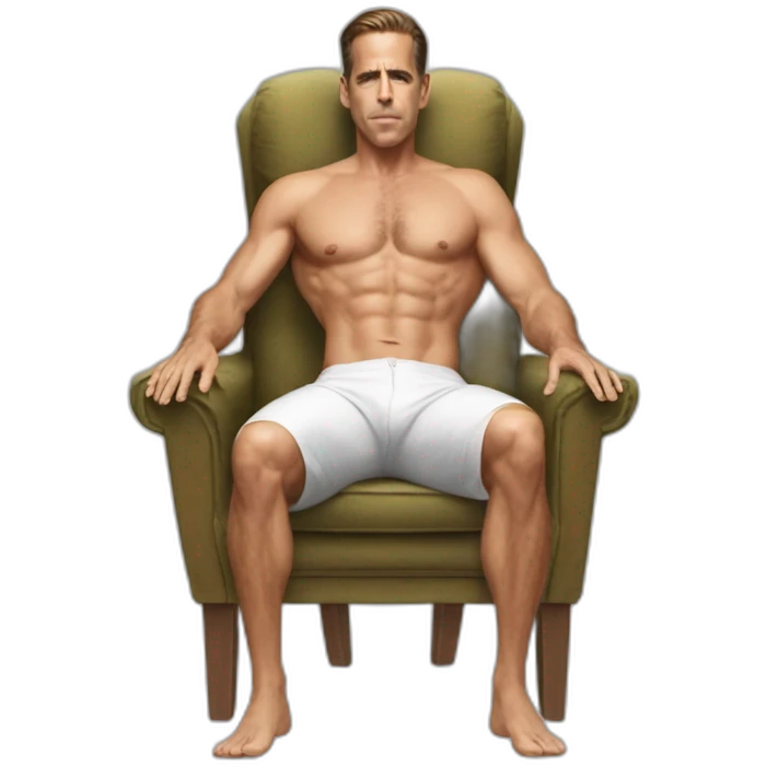 hunter biden wearing only a bikini sitting in a chair acting out the basic instinct scene (full body, apple ios17) emoji