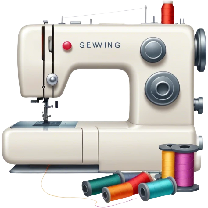 Sewing icon, sewing machine with thread, visible needle, spools of thread, fabric pieces, and scissors, a piece of clothing or textile in progress, minimalistic style, clean lines, transparent background. emoji