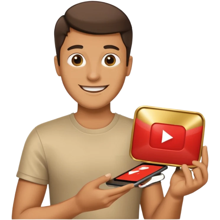 a happy man holding youtube golden play button emoji