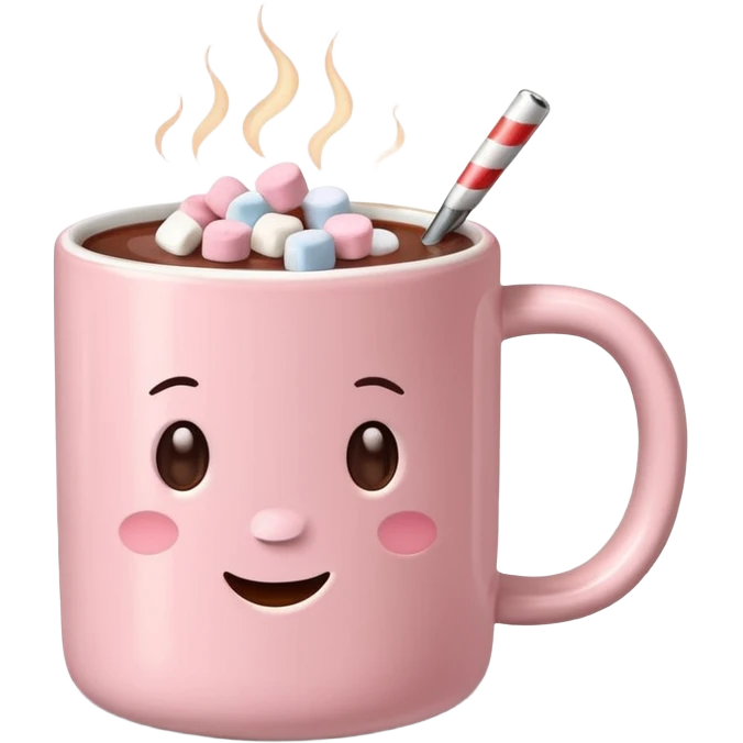 light pink mug with hot chocolate and marshmallows emoji