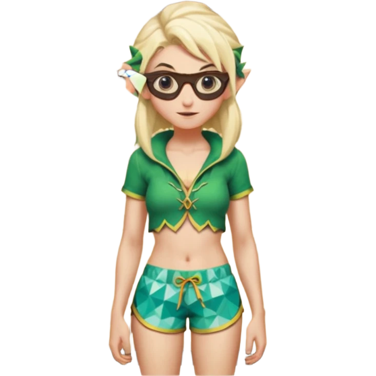 elf female legolas portrait, patterned board shorts (geometric/abstract), unique wooden-framed sunglasses, undercut hairstyle, slight smirk, visible pointy ears, no background, centered emoji, hipster summer vibe coctails emoji
