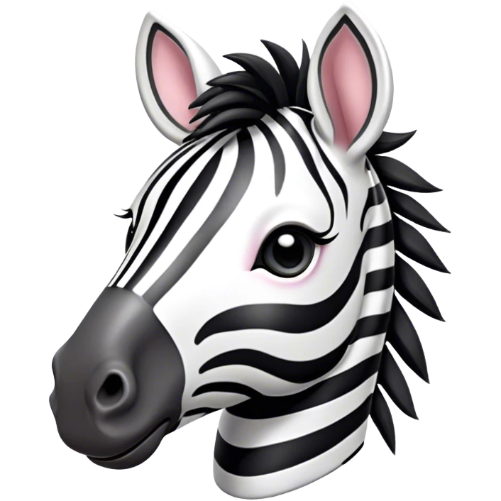 Cinematic Cute Zebra Portrait Emoji, Head tilted playfully and inquisitively, featuring a glossy, intricately striped fur of black and white, a refined, horse-like head with a long snout and alert ears, and round, sparkling eyes filled with curious wonder, Simplified yet irresistibly adorable features, highly detailed, glowing with a warm, friendly glow, high shine, affectionate and spirited, stylized with a touch of savannah whimsy, bright and endearing, soft glowing outline, capturing the essence of a mischievous yet loving zebra that feels like it could prance out of the screen and into your arms! emoji