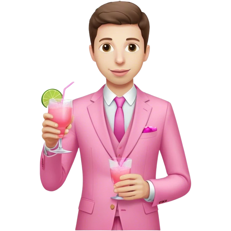 Sam Altman, dressed in an all-pink suit, with one hand holding a pink tequila drink.  emoji
