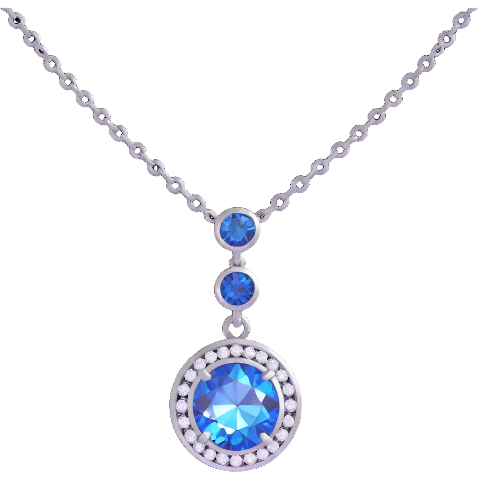 Y2K style pendant with round cut white diamond, holographic shine, silver chain, blue sapphire accent, bubbly and metallic design emoji
