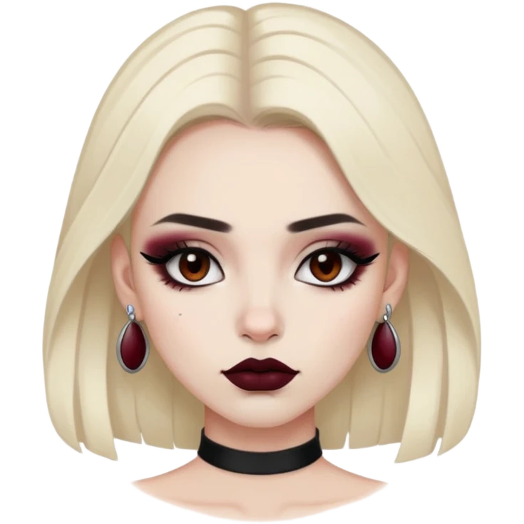 closed neck open septum piercing brown eyes black eyeshadow and burgundy lipstick emoji