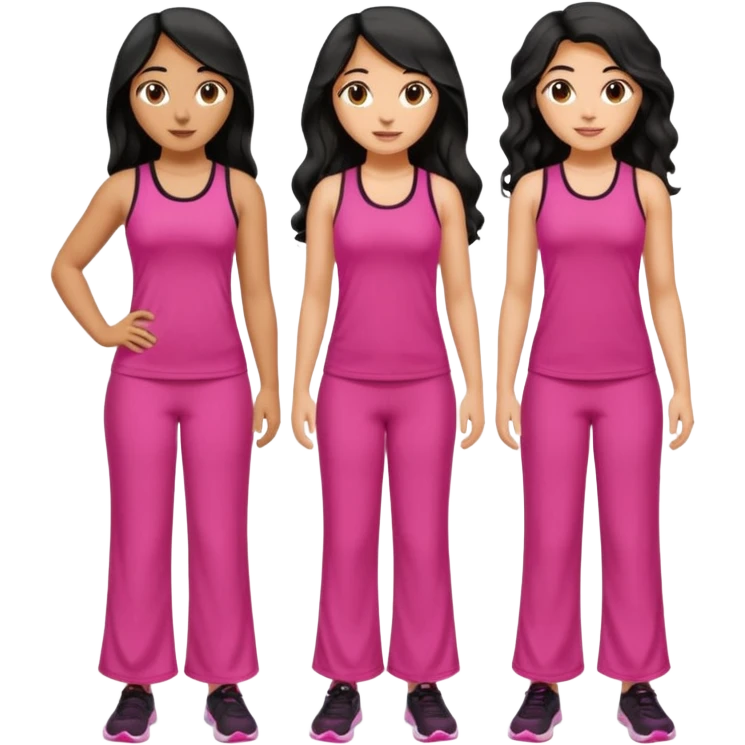 3 olive skin tone best friends. First one wearing pink gym attire modest with long black hair wavy. Second one wearing a pink fitted long maxi dress with curves long black hair and the last one wearing pink casual clothes with brown mid length hair emoji
