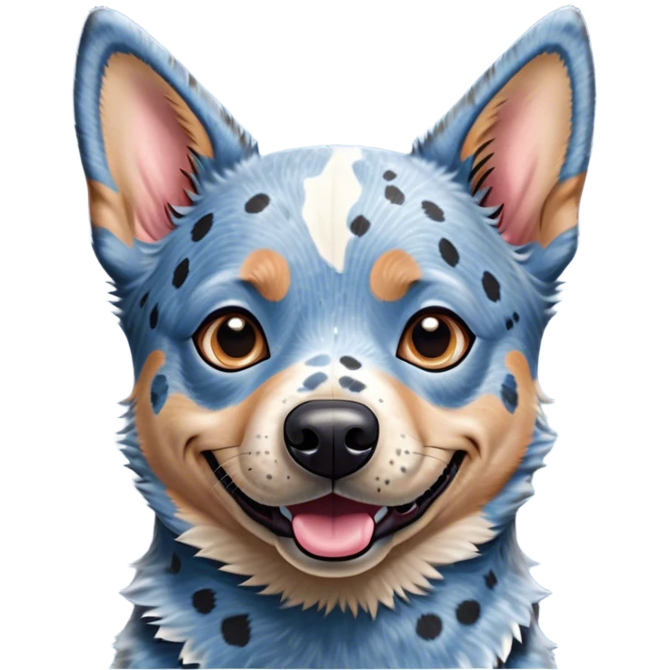Cinematic Comical Blue Speckle Australian Cattle Dog Portrait Emoji, Head tilted dramatically with an exaggeratedly amused expression, featuring a striking blue speckle Fur with bold patterns, wide, expressive blue eyes filled with playful disbelief, Simplified yet hilariously expressive features, highly detailed, glowing with a slightly sassy glow, high shine, dramatic yet playful, stylized with an air of cheeky charm, bright and endearing, soft glowing outline, capturing the essence of a spirited and over-the-top herder, so meme-worthy it feels like it could side-eye its way into internet fame instantly! emoji