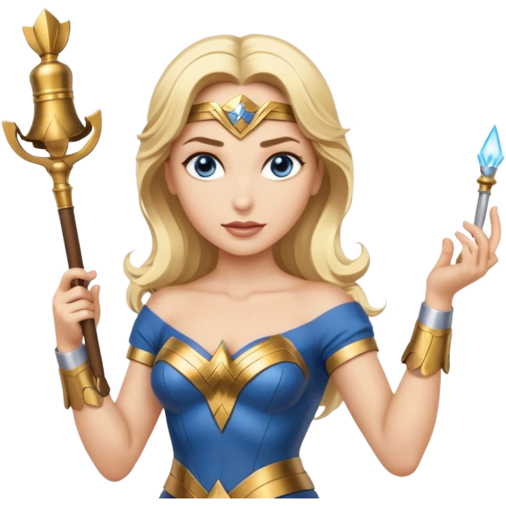 Blonde blue eyed Wonder Woman holding white orchestra conductor’s baton and bell emoji