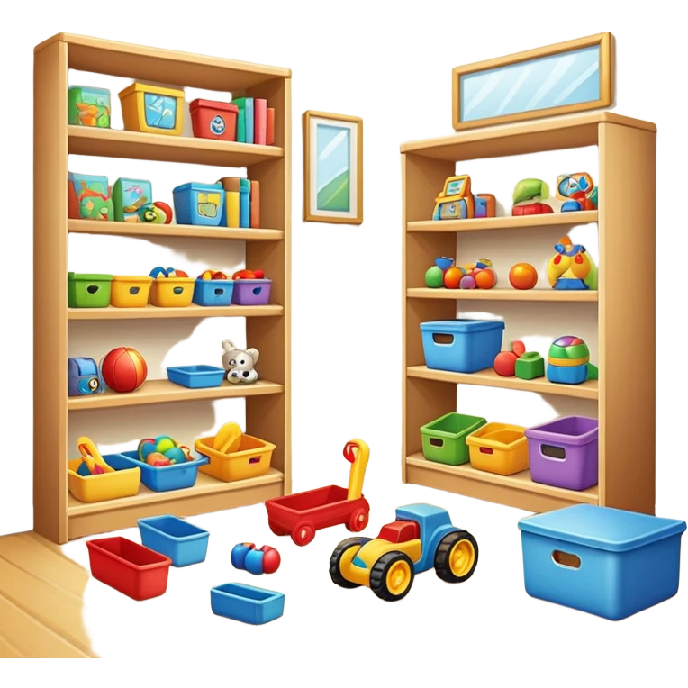 tidy room with toys neatly arranged on shelves, clear and inviting emoji