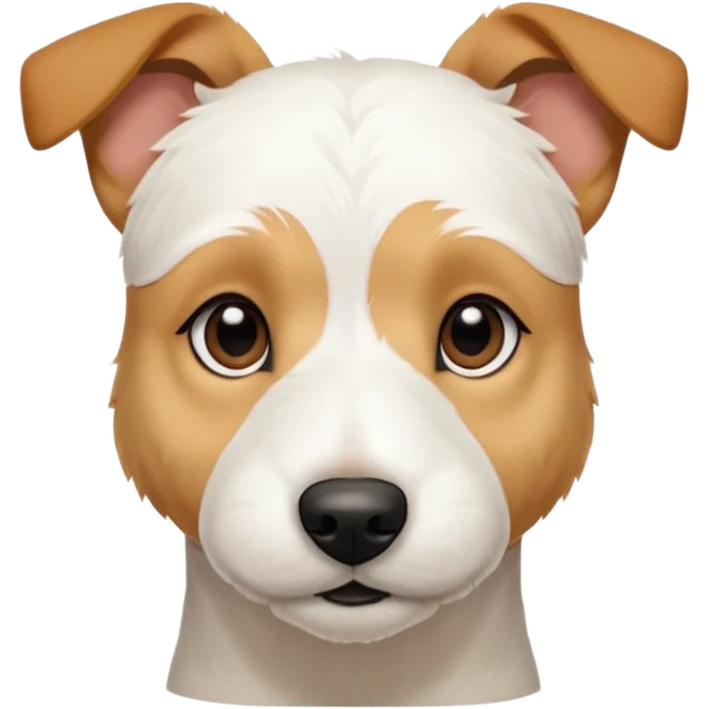 a full body facing front on of a buff white parson russell terrier looking dog the size of a kelpie with light brown long ears resting on its face and a light brown patch on one eye and a large snout. the rest of the dog is completely white.  emoji