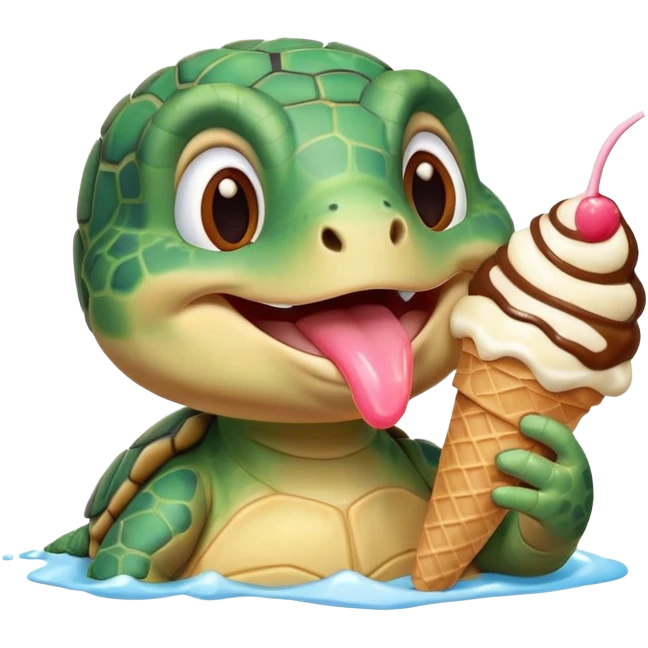 cute turtle portrait, head and shoulders only, licking an ice cream cone, funny happy expression, 3D cartoon, mobile game icon style, clean background, no text, no watermark
 emoji