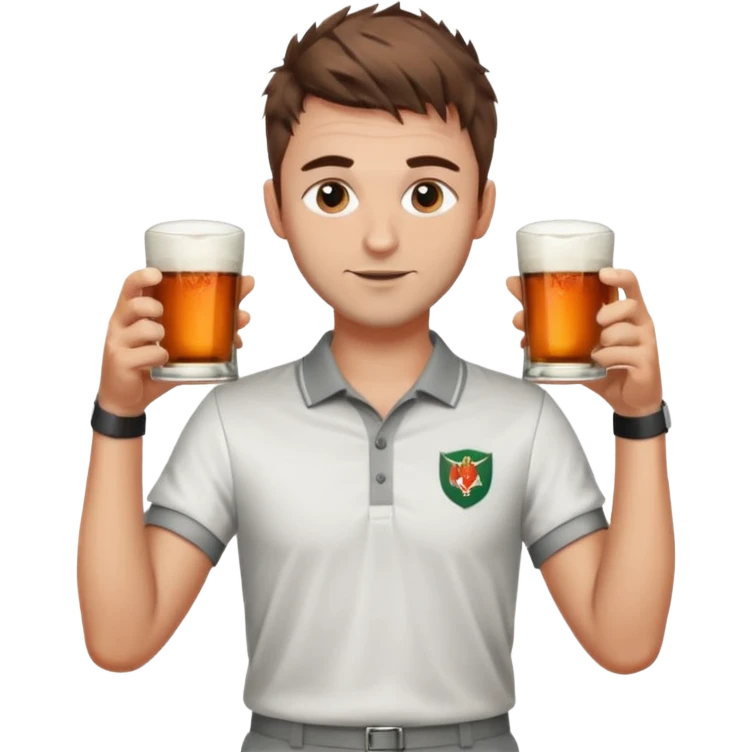 Handsome male.short messy brown hair.mowhawk hairstyle. wearing white golf shirt.grey shorts. Cheersing with jaggermeister emoji