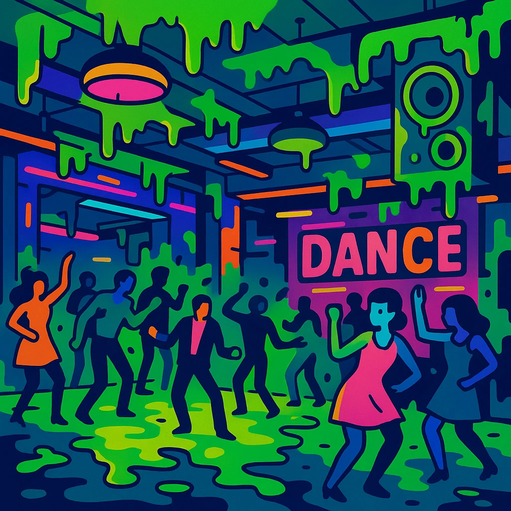 a vibrant toon style dance hall covered in slime, neon lights, and dancing figures emoji