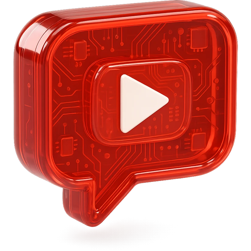 red speech bubble with inside a big red YouTube white play button, very glossy circuit style, white emoji