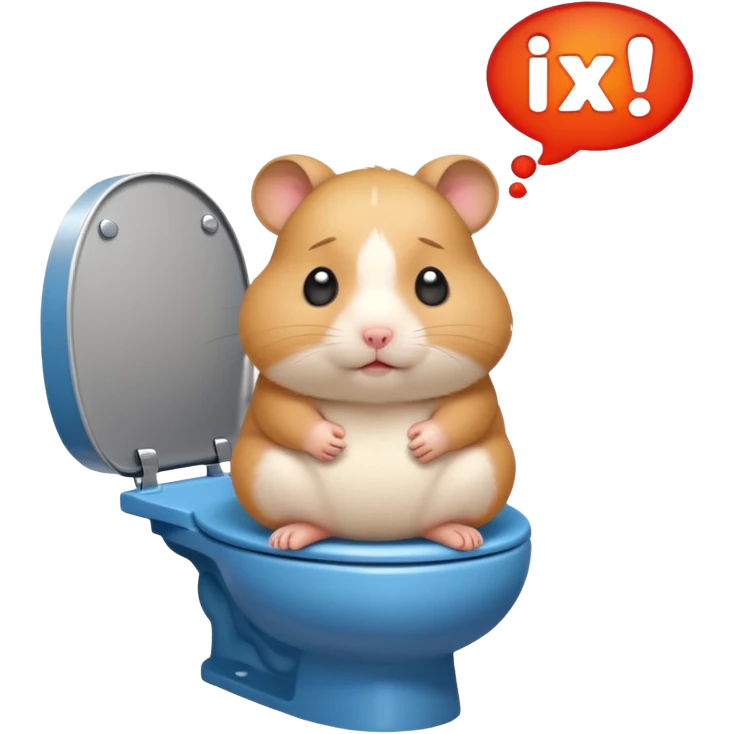 Cute chubby cartoon-style hamster sitting on toilet pooping looking guilty with thought bubble thinking about chilli  emoji