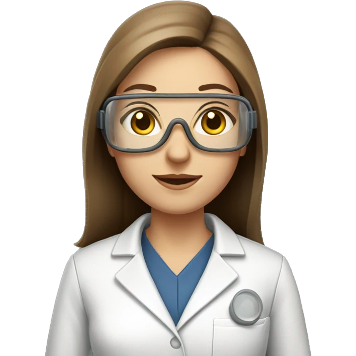 Pharmaceutical scientist woman with clear goggles, long straight brown hair and eyes and pale tan skin emoji
